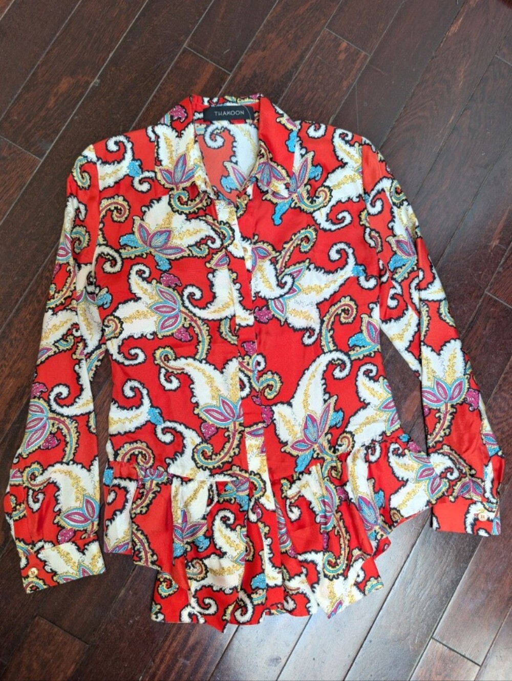 Thakoon Silk Paisley Peplum Blouse - Red Multi - Size 4